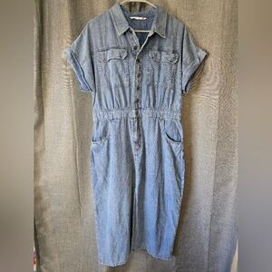 Given Kale Blue Denim Short Sleeve A Line Pencil Midi Dress XL Button Down Slit